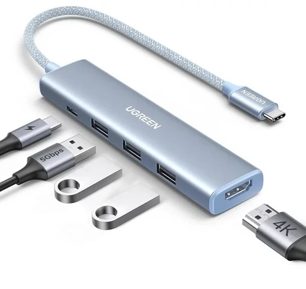 محول يو جرين CM478 5 في 1 بمنفذ USB-C هيكل ألومنيوم HDMI 4K 30Hz أزرق - يوجرين